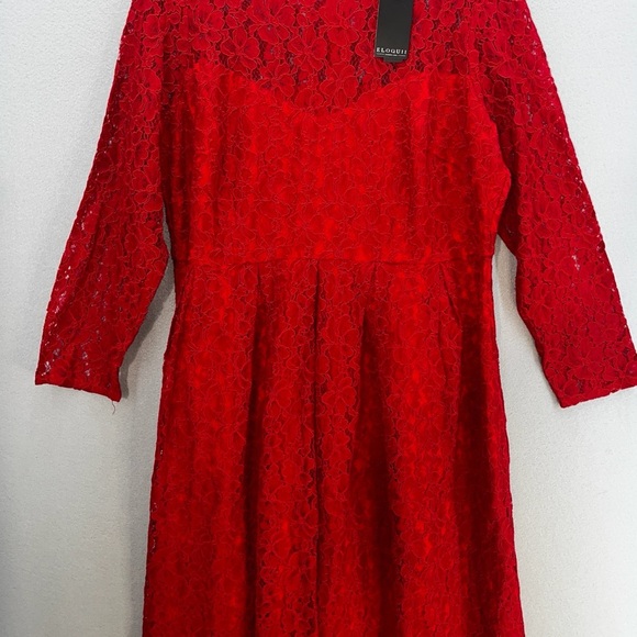 Eloquii Red A-Line Midi Dress with Bishop Sleeves - Picture 2 of 13